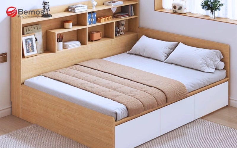 Mẫu giường ngủ 1m2 được tích hợp ngăn kéo và tủ chứa đồ