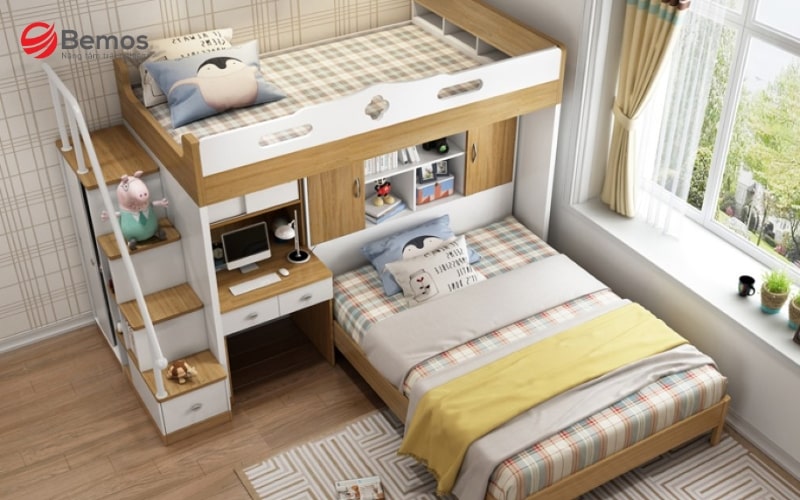 Mẫu giường tầng liền với bàn học dành cho các bé yêu