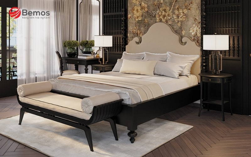 Mẫu giường phong cách Indochine bọc nhung sang trọng