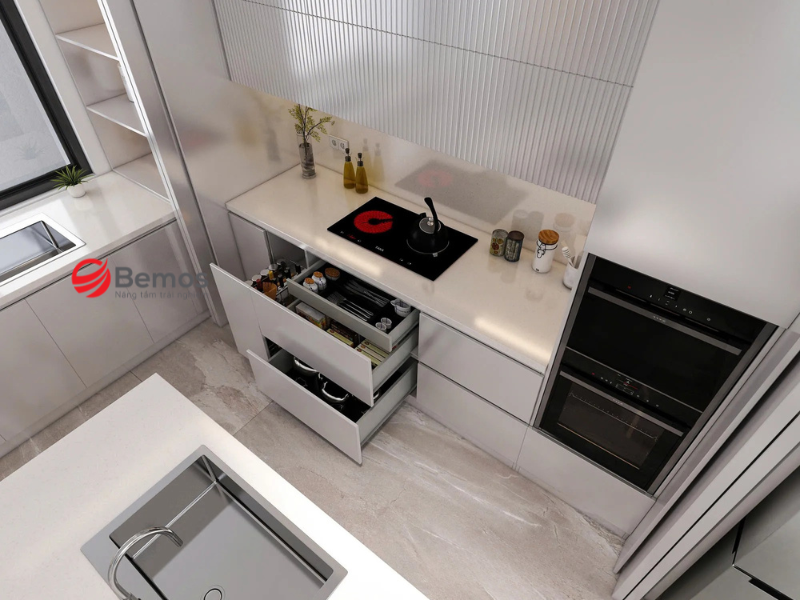 Tủ bếp cửa trượt - So sánh kiểu ray, vật liệu cánh và cách chọn đúng