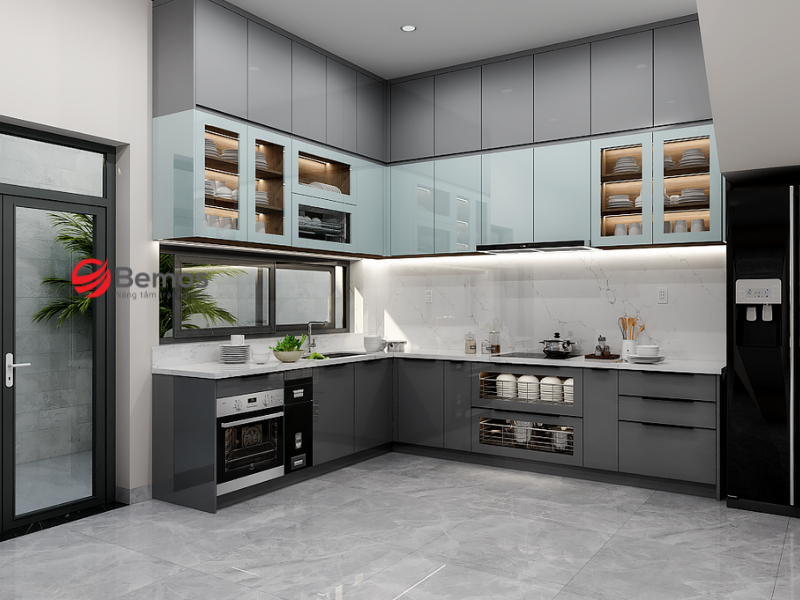 Tủ bếp khung inox cánh gỗ 