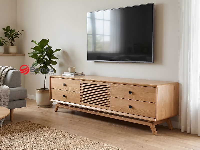 Gia công kệ tivi gỗ sồi số lượng lớn - Lợi thế của showroom khi hợp tác với xưởng
