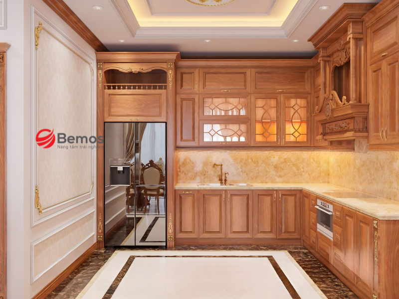 Gia công tủ bếp gỗ gõ đỏ