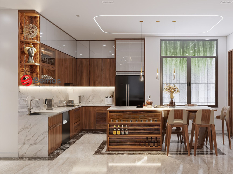 Gia công tủ bếp gỗ óc chó