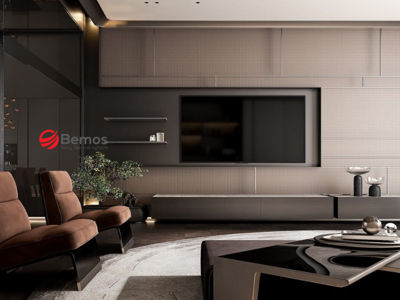 Khoảng cách giữa bản render và tủ tivi cho biệt thự ngoài đời
